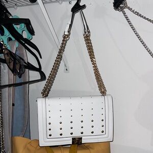 Elegant White Studded Handbag with Gold Chain INC
